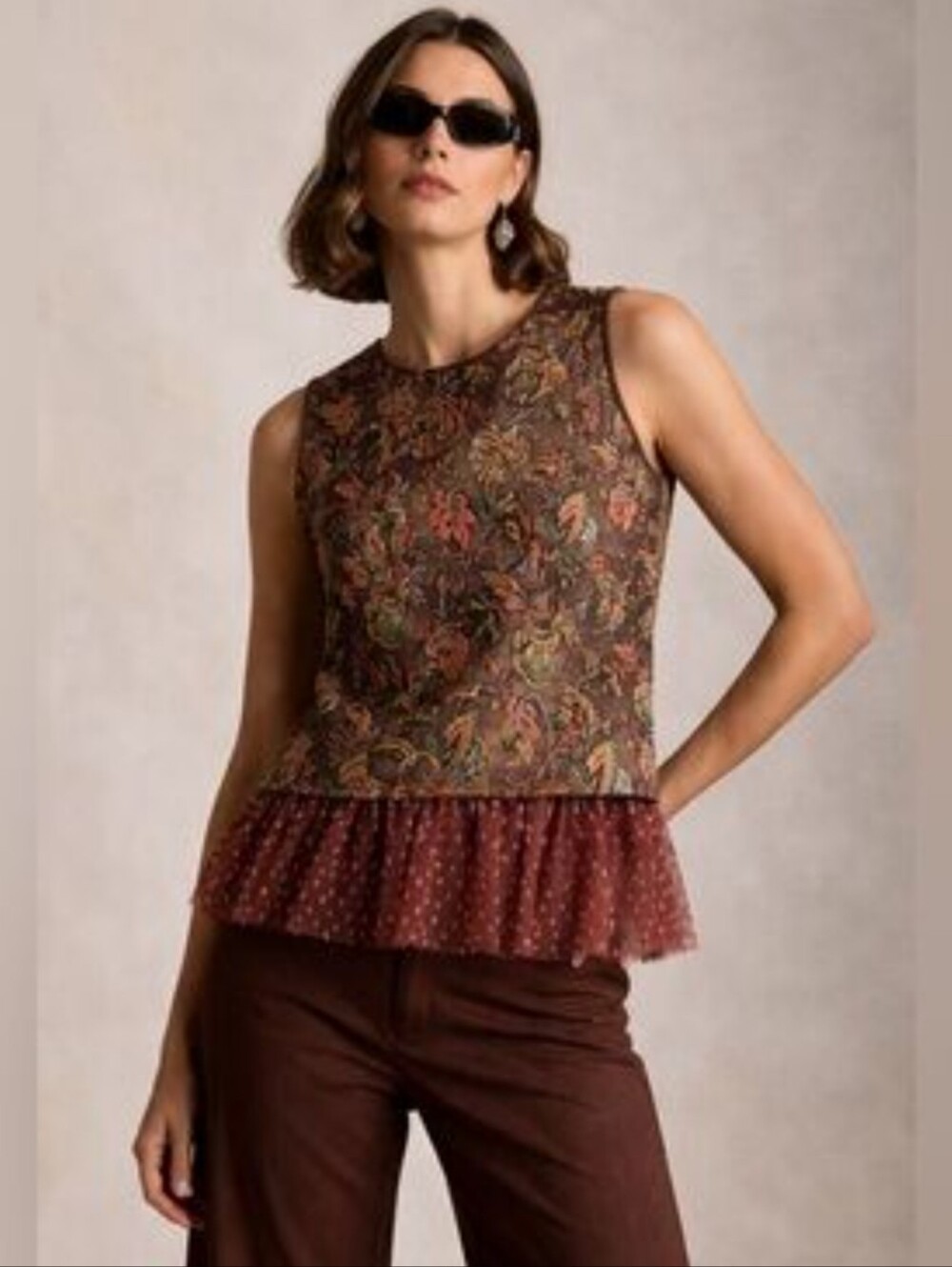 Eva Franco Jacquard Floral Layered Shimmer Polka Dot Tank Top Glam Boho Party SM